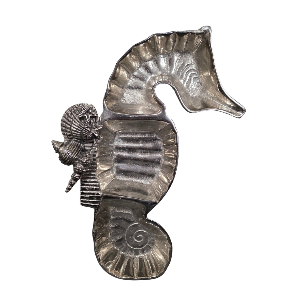 Mud Pie Seahorse Serving Tray 3 Section Seashell Silver Tone Good Decor Coastal